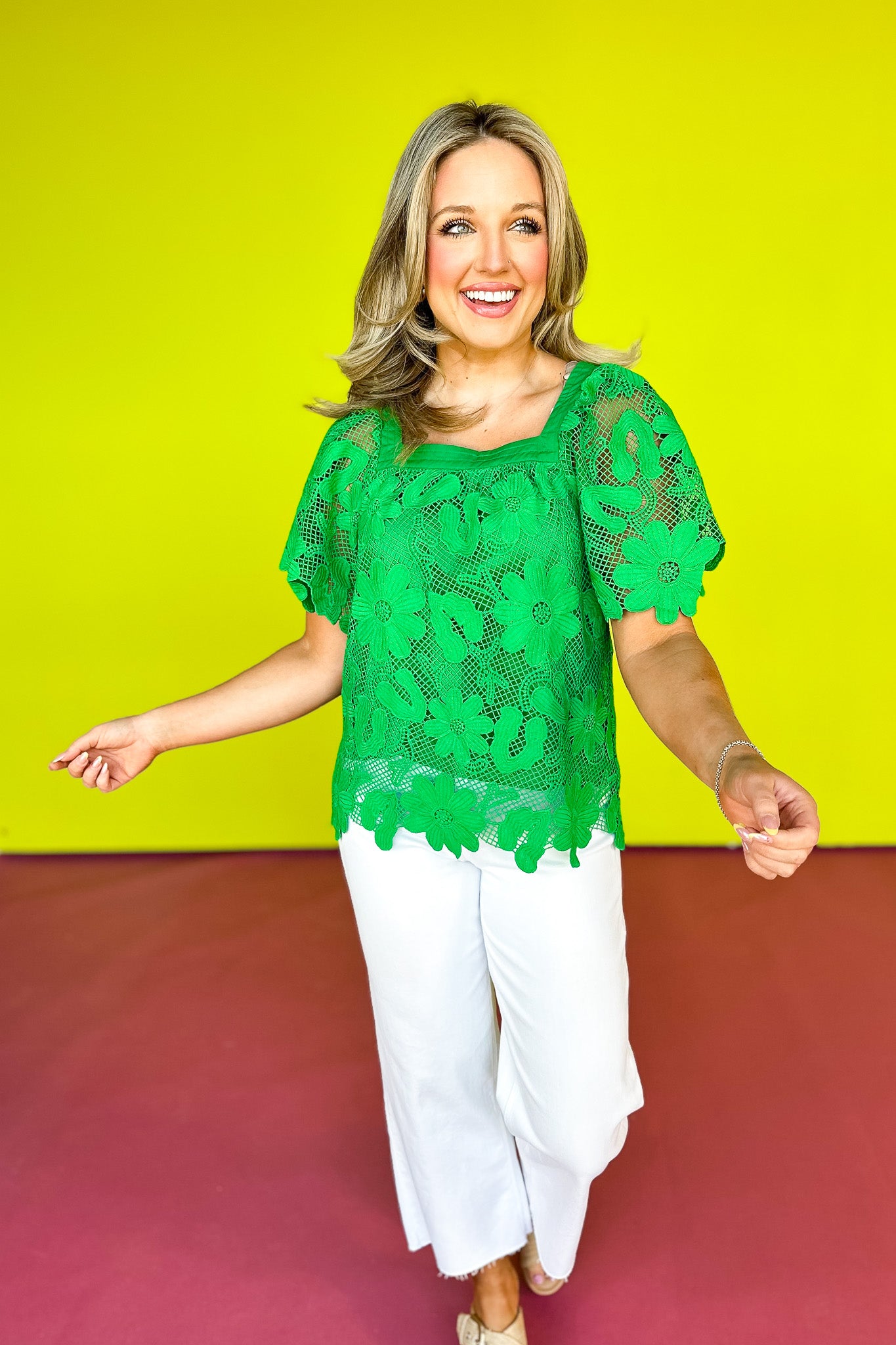 Green Floral Lace Square Neck Scallop Hemline Top