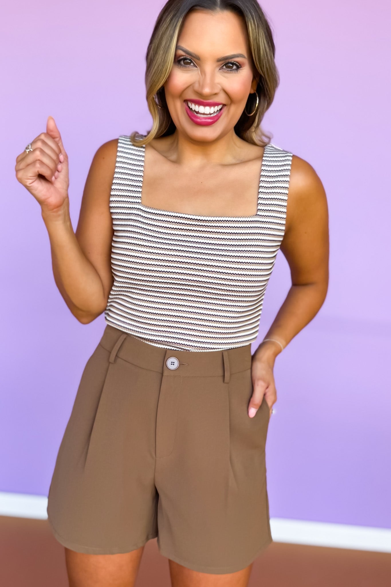 SSYS Brown Zig Zag Ribbed Square Neck Padded Tank