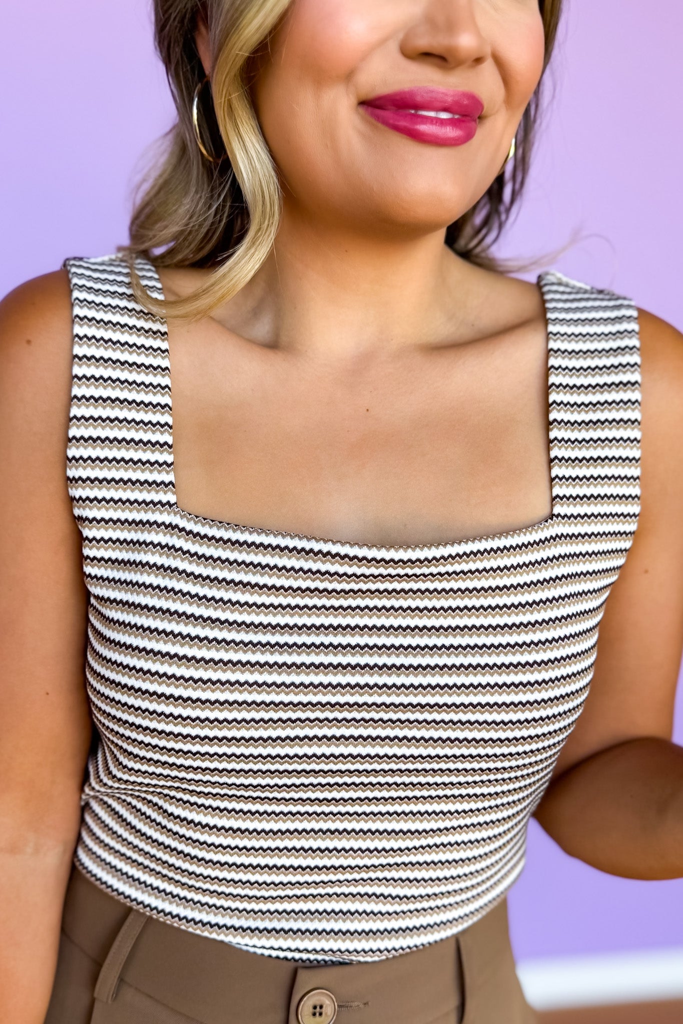 SSYS Brown Zig Zag Ribbed Square Neck Padded Tank