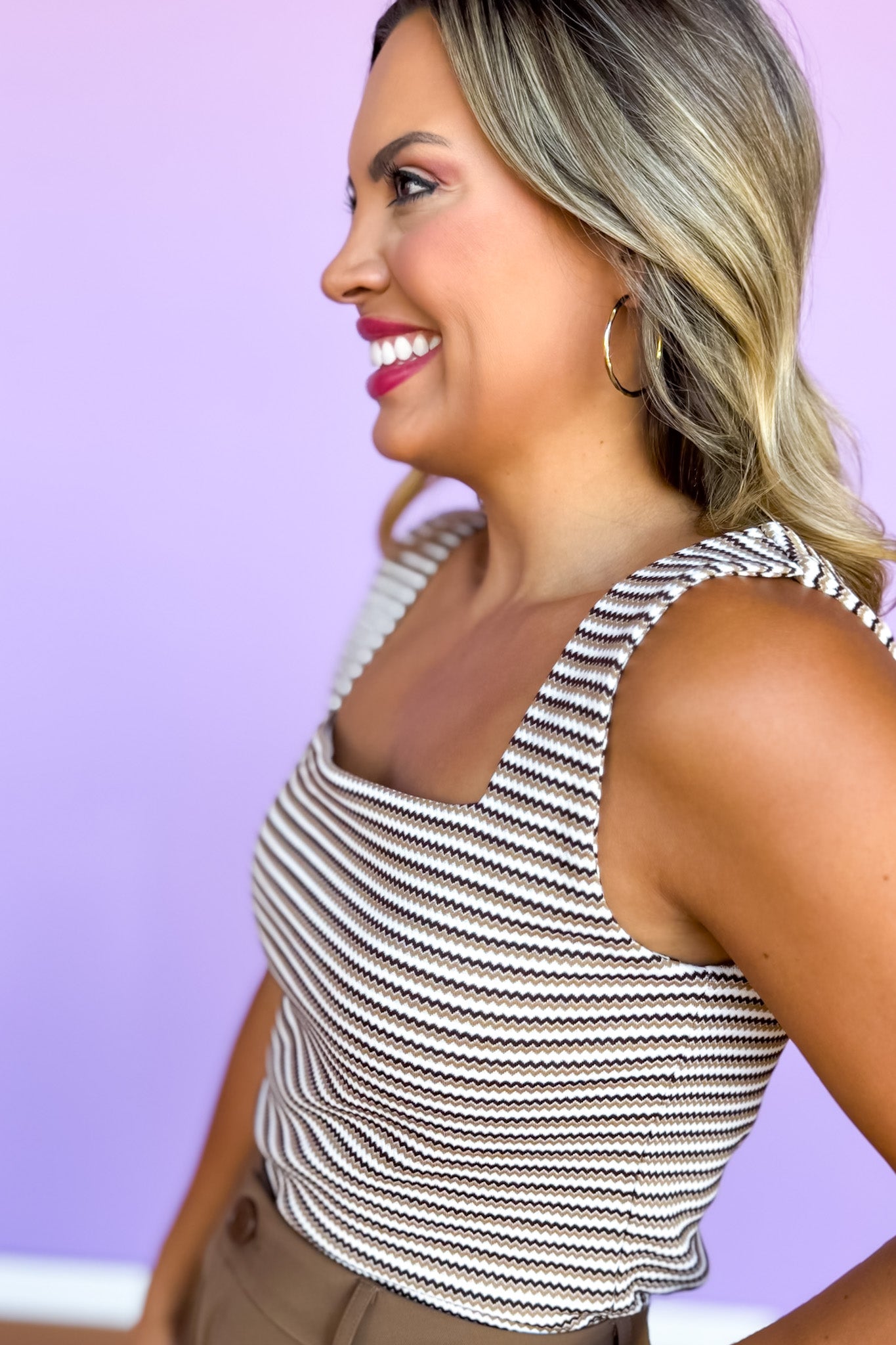 SSYS Brown Zig Zag Ribbed Square Neck Padded Tank