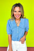 Blue Denim Wide Chelsea Collar Elasticized Sleeve Front Button Top