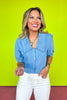 Blue Denim Wide Chelsea Collar Elasticized Sleeve Front Button Top