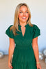 Hunter Green Split Neck Puff Short Sleeve Tiered Midi Dress, easy to wear, occasion dress, must-have silhouette, mom style, sunday morning dress, fall new arrivals, shop style your senses by mallory fitzsimmons.