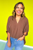 Brown V Neck Half Puff Sleeve Top *FINAL SALE*