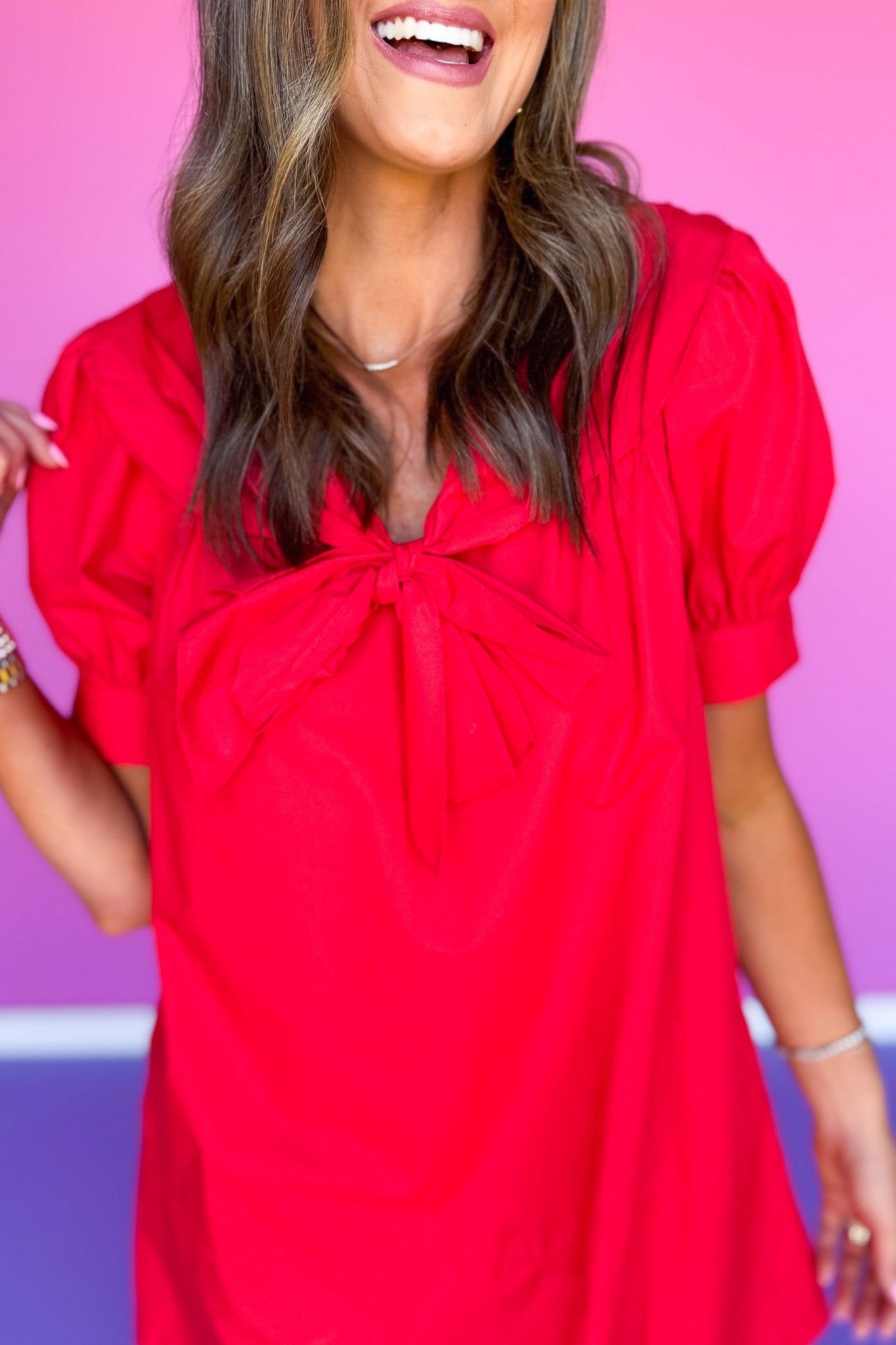 Red Sailor Collar Bow Short Puff Cuff Band Sleeve Dress