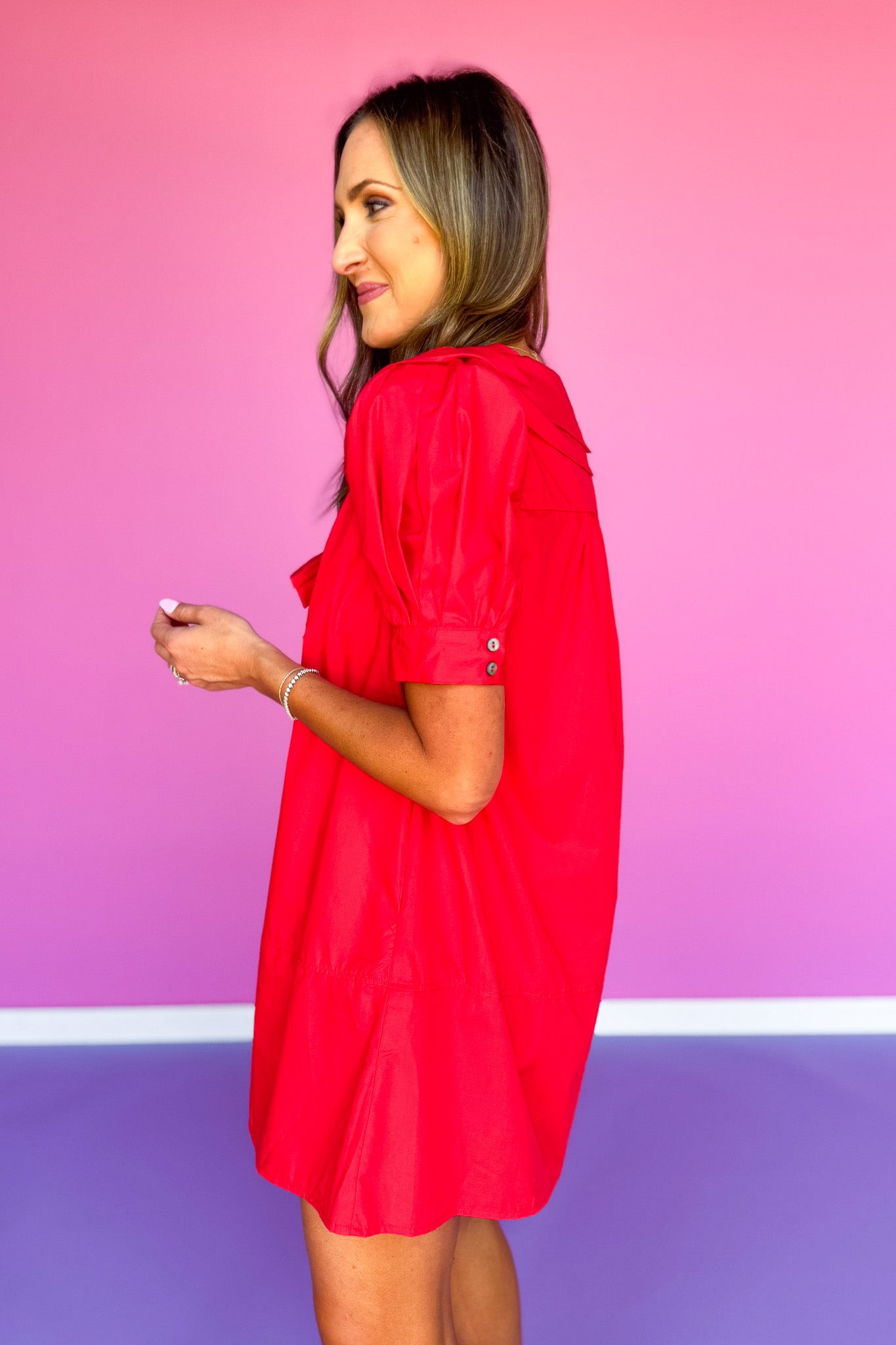Red Sailor Collar Bow Short Puff Cuff Band Sleeve Dress