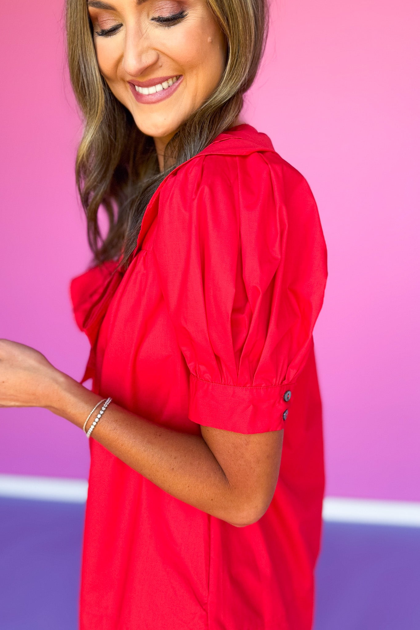 Red Sailor Collar Bow Short Puff Cuff Band Sleeve Dress