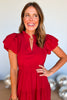 Red Split Neck Puff Short Sleeve Tiered Midi Dress, fall new arrivals, easy to wear dress, occasion dress, holiday dress, mom style, sunday morning dress, flattering silhouette, mom style, shop style your senses by mallory fitzsimmons.
