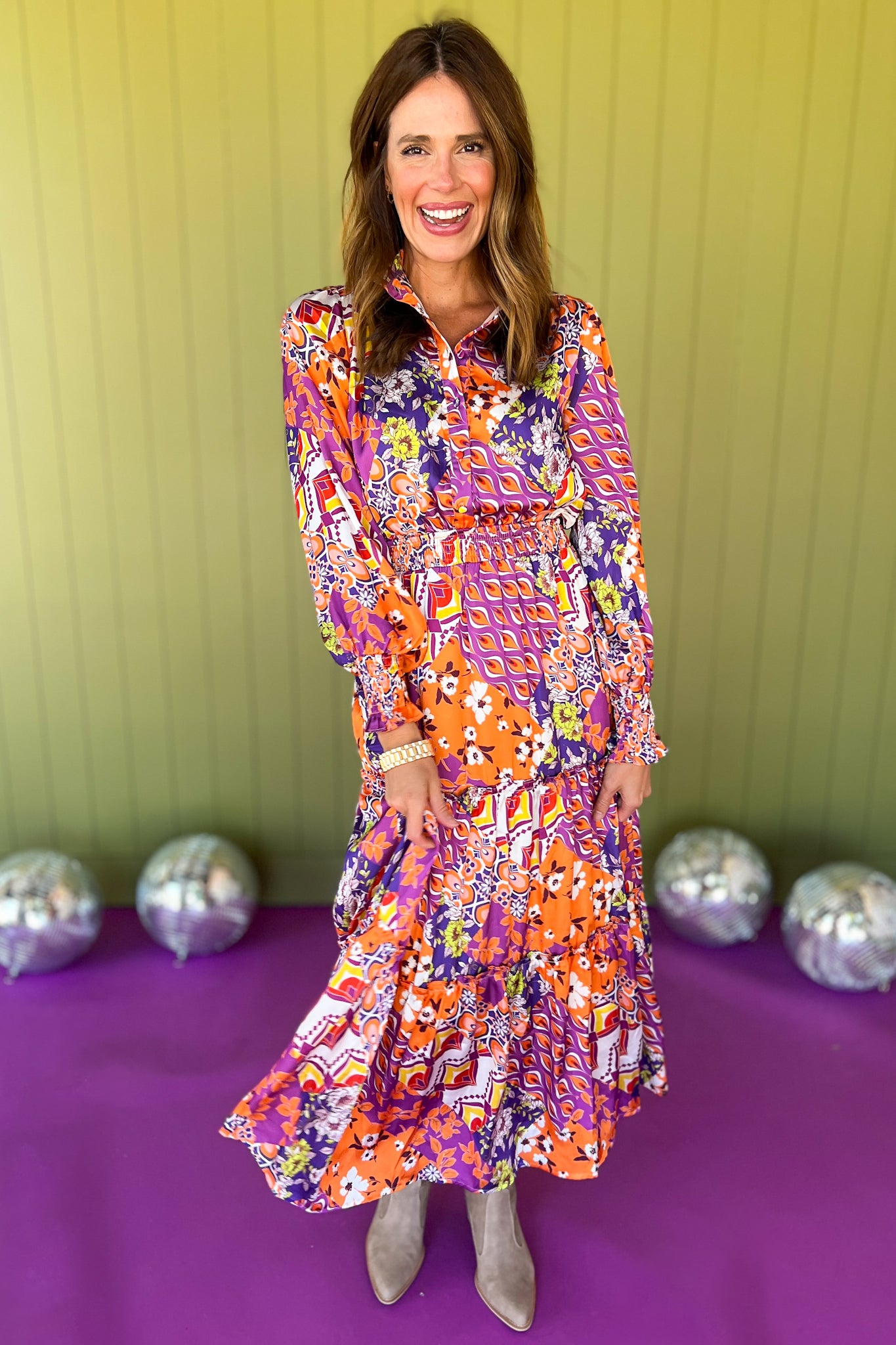 Orange Multi Abstract Print Frill Neck Half Button Up Midi Dress, fall new arrivals, easy to wear dress, bright colors, occasion ready, mom style, easy and chic, shop style your senses by Mallory fitzsimmons.