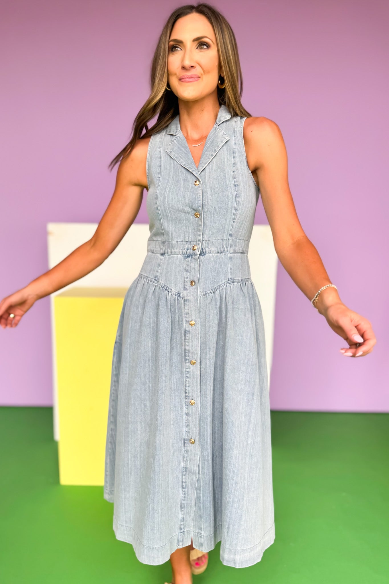 Denim Drop Waist Notch Collar Sleeveless Midi Dress