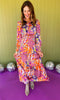 Orange Multi Abstract Print Frill Neck Half Button Up Midi Dress, fall new arrivals, easy to wear dress, bright colors, occasion ready, mom style, easy and chic, shop style your senses by Mallory fitzsimmons.