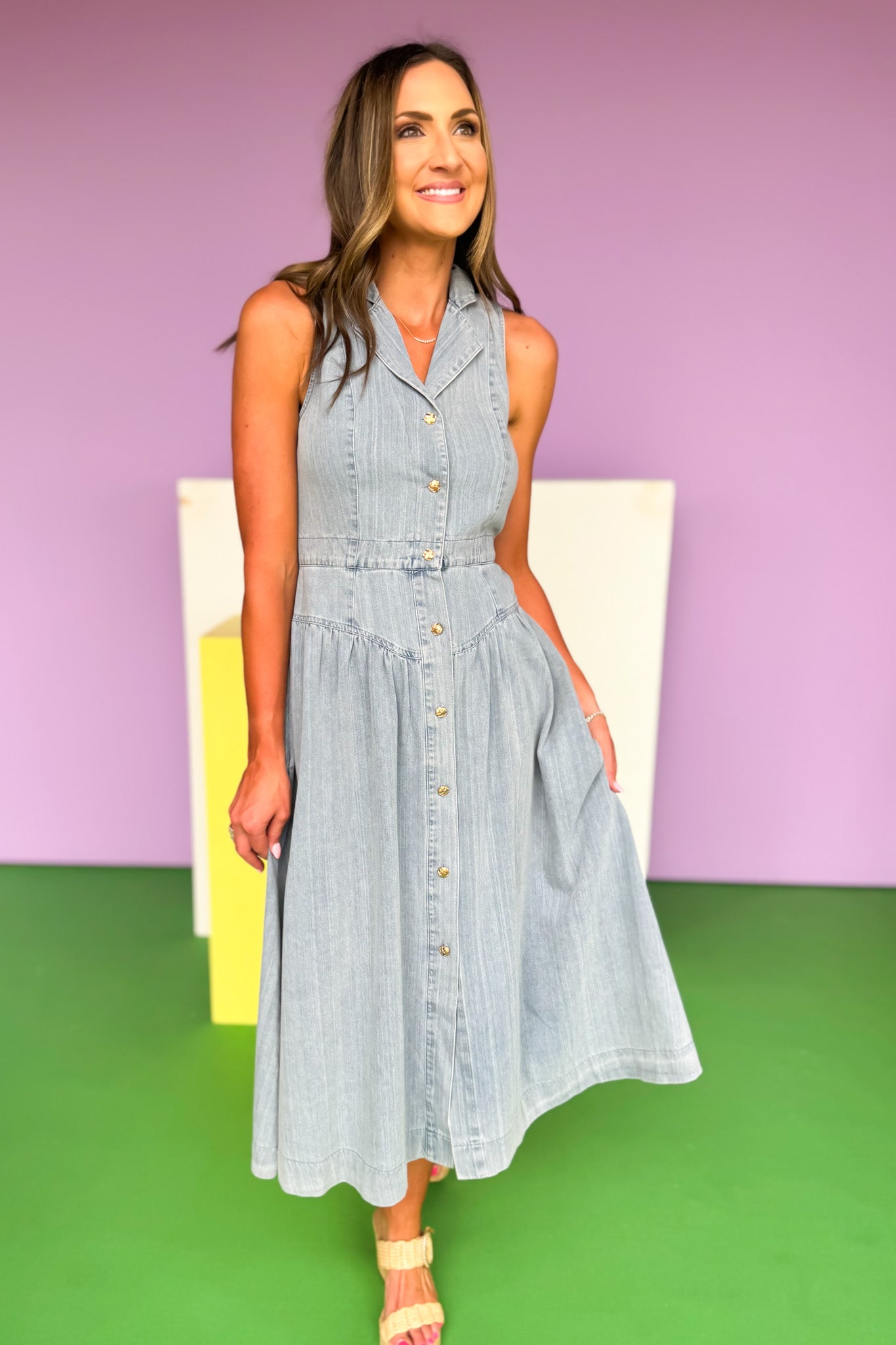 Denim Drop Waist Notch Collar Sleeveless Midi Dress