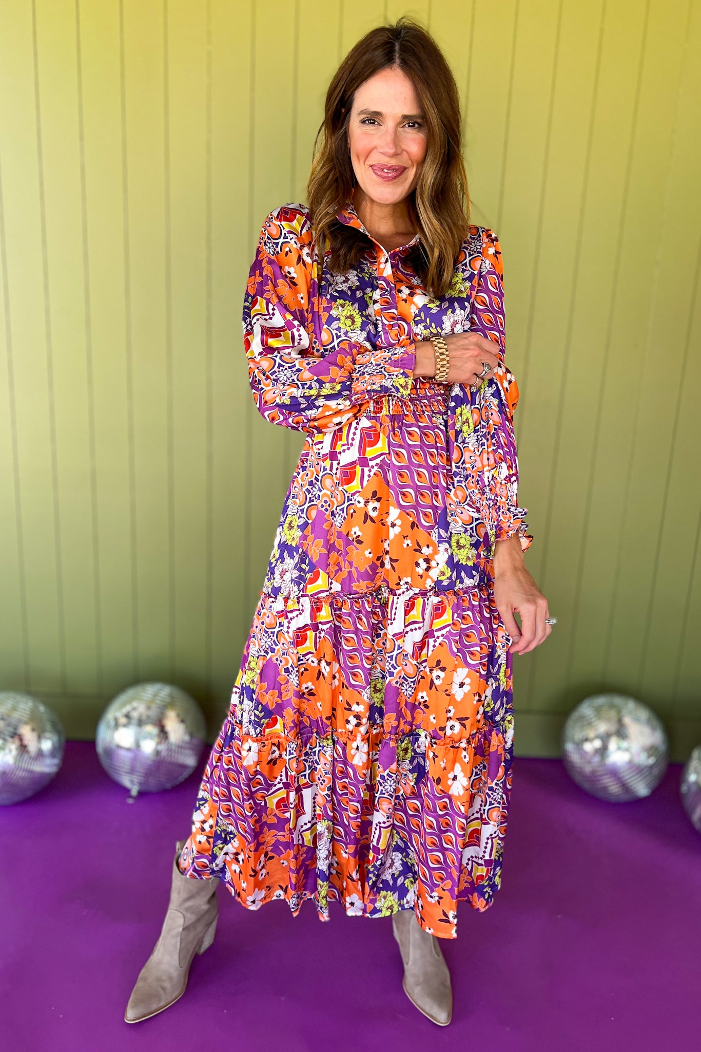 Orange Multi Abstract Print Frill Neck Half Button Up Midi Dress, fall new arrivals, easy to wear dress, bright colors, occasion ready, mom style, easy and chic, shop style your senses by Mallory fitzsimmons.