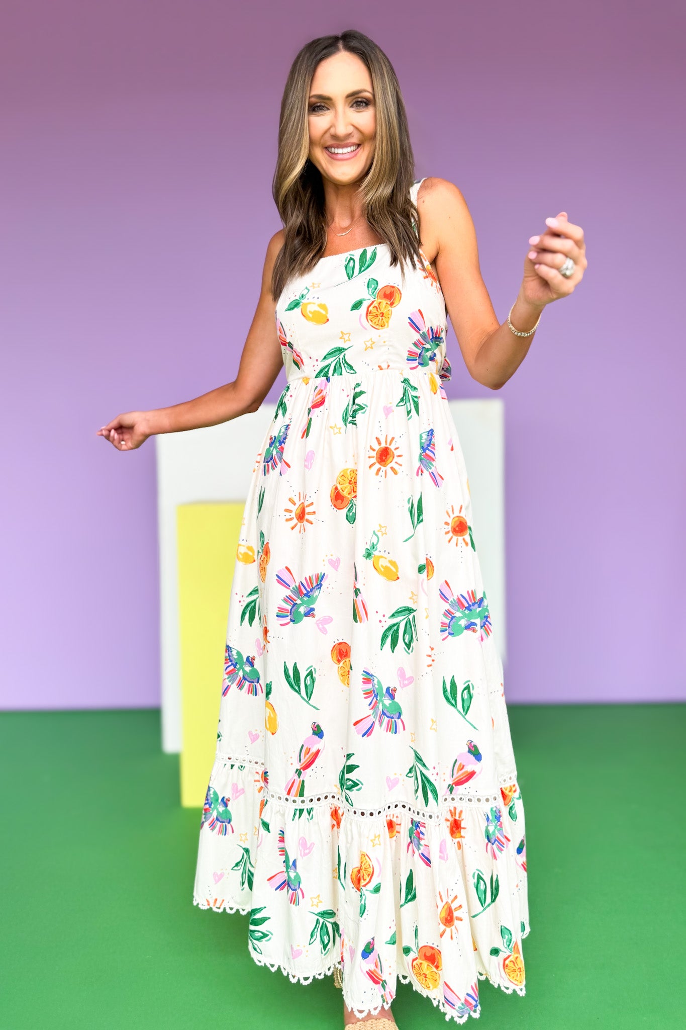 Cream Multi Lace Trim Detail Back Tie Midi Dress