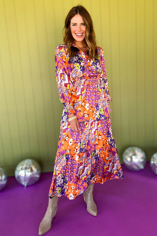 Orange Multi Abstract Print Frill Neck Half Button Up Midi Dress, fall new arrivals, easy to wear dress, bright colors, occasion ready, mom style, easy and chic, shop style your senses by Mallory fitzsimmons.
