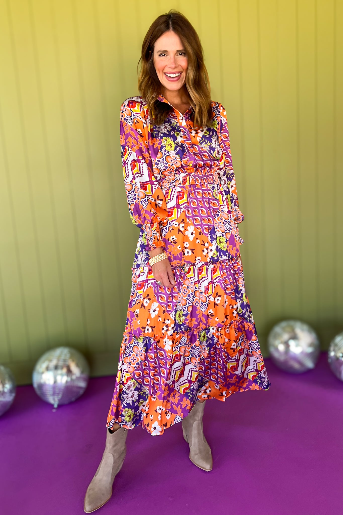 Orange Multi Abstract Print Frill Neck Half Button Up Midi Dress, fall new arrivals, easy to wear dress, bright colors, occasion ready, mom style, easy and chic, shop style your senses by Mallory fitzsimmons.