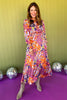 Orange Multi Abstract Print Frill Neck Half Button Up Midi Dress, fall new arrivals, easy to wear dress, bright colors, occasion ready, mom style, easy and chic, shop style your senses by Mallory fitzsimmons.