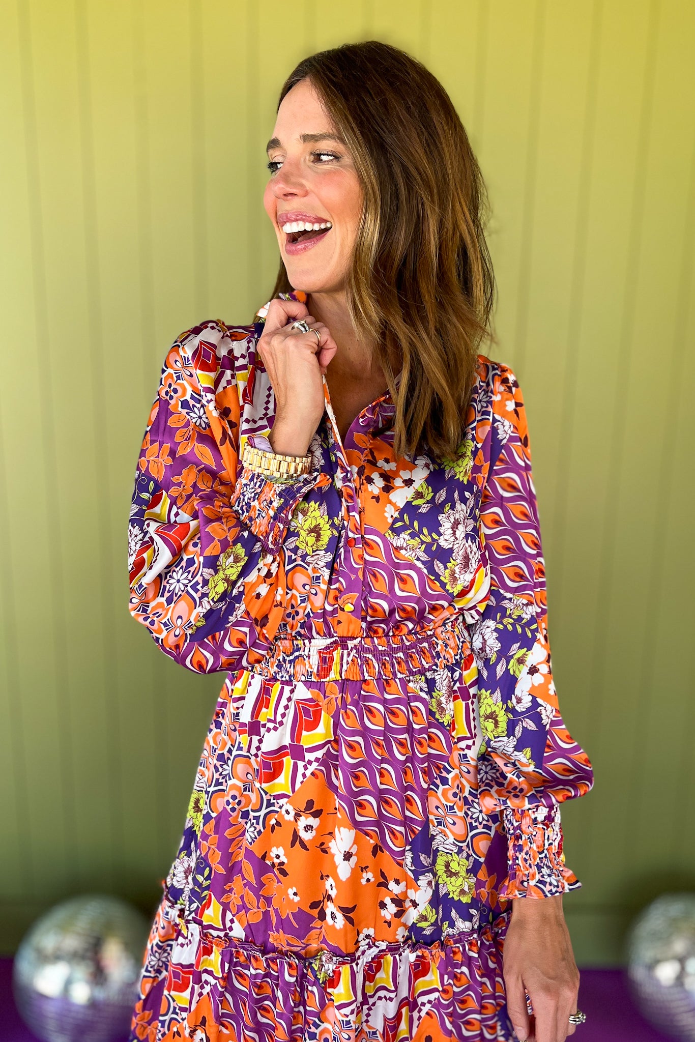 Orange Multi Abstract Print Frill Neck Half Button Up Midi Dress, fall new arrivals, easy to wear dress, bright colors, occasion ready, mom style, easy and chic, shop style your senses by Mallory fitzsimmons.