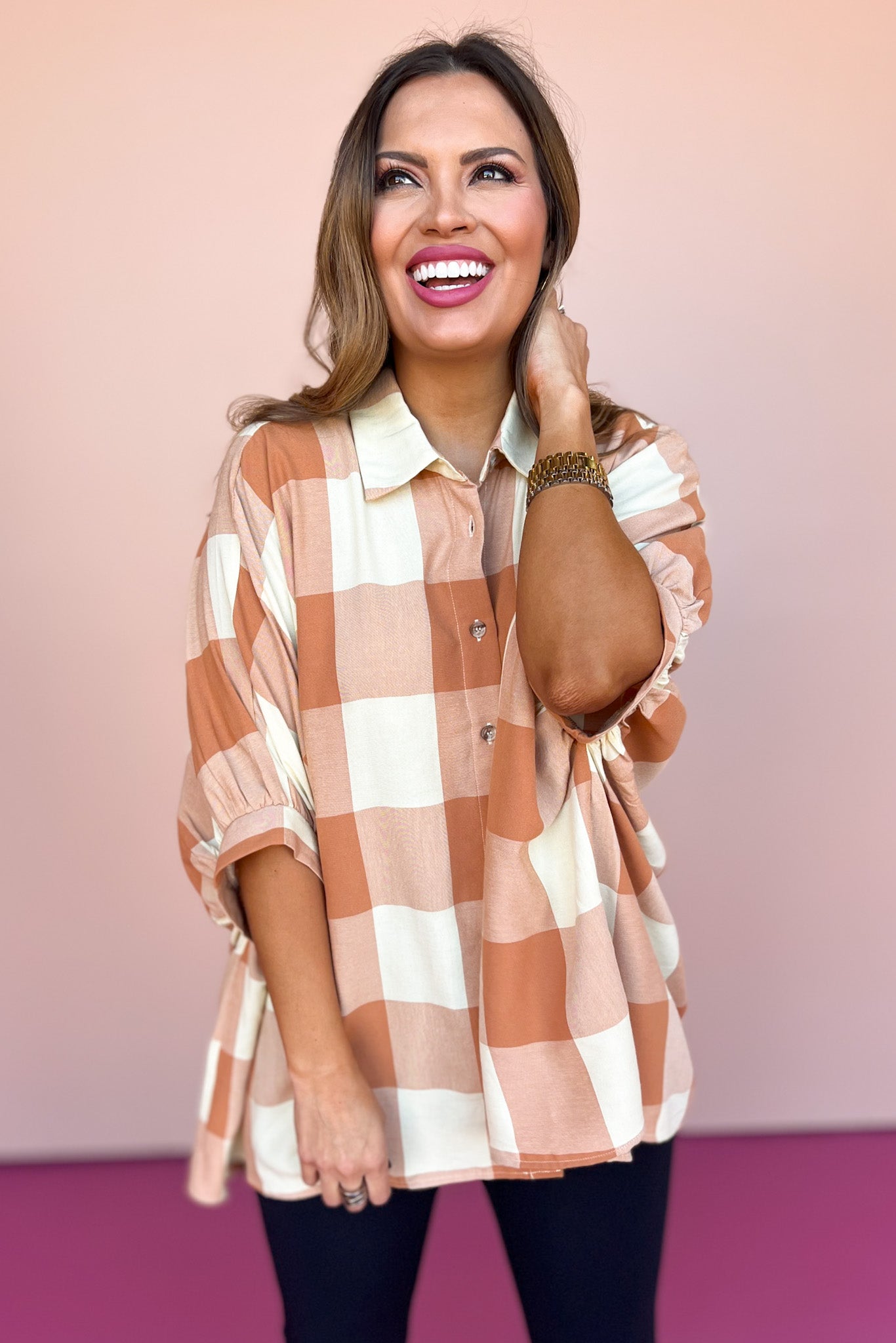 Rust Checkered Button Up Half Sleeve Top, must have top, must have style, fall style, fall fashion, elevated style, elevated style, mom style, shop style your senses by mallory fitzsimmons, ssys by mallory fitzsimmons