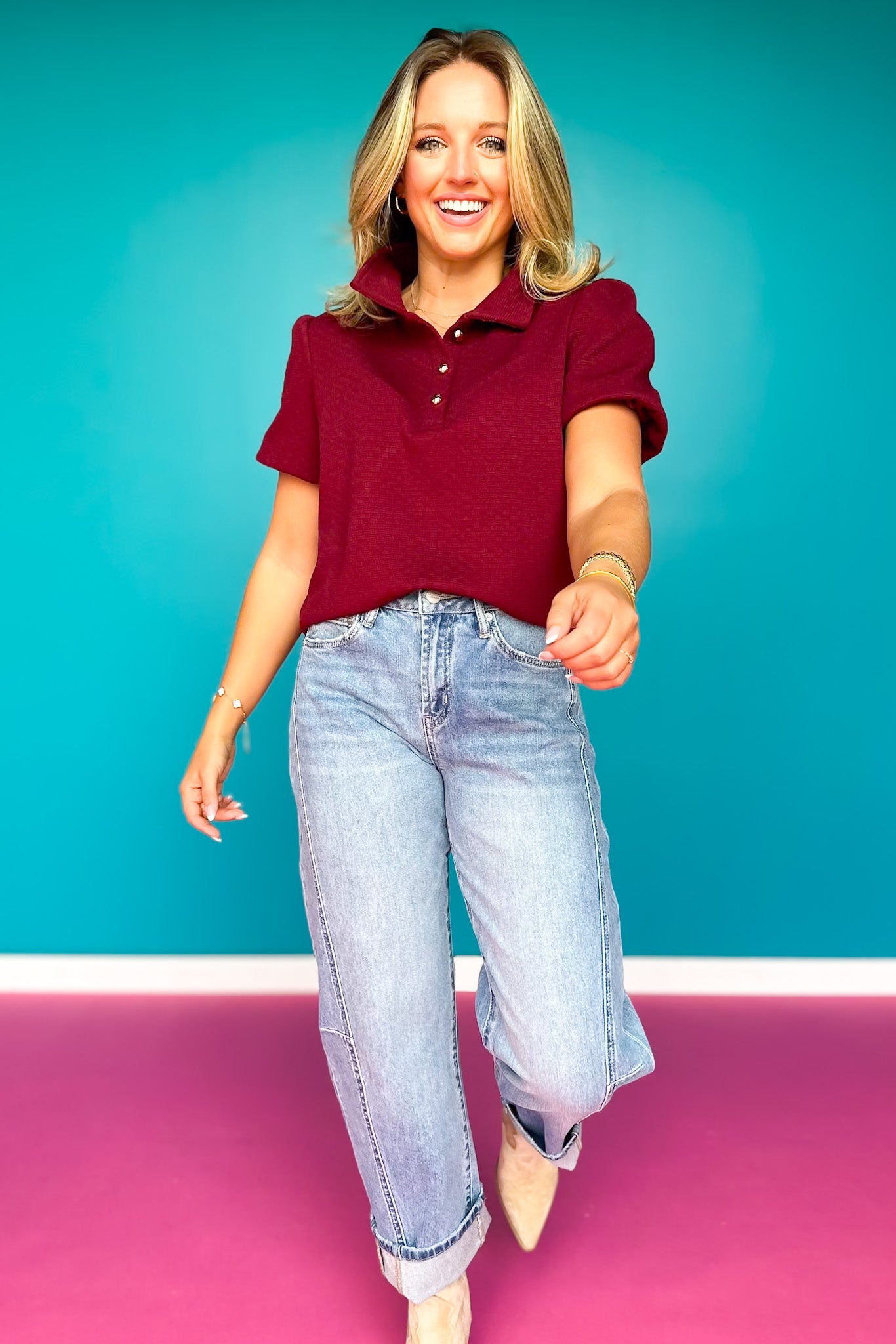SSYS Madeline Quilted Puff Short Sleeve Top In Maroon