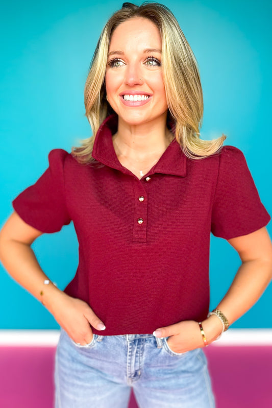 SSYS Madeline Quilted Puff Short Sleeve Top In Maroon