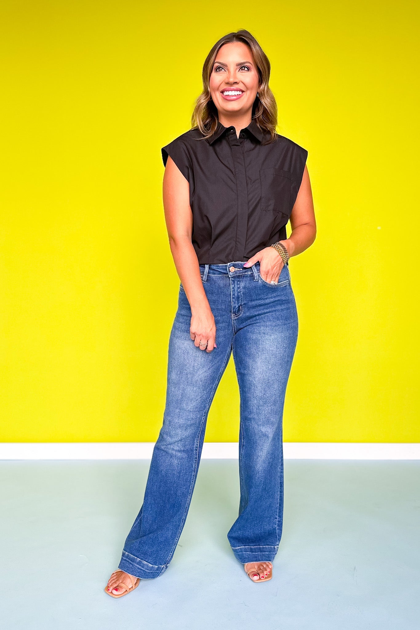 Lovervet By Vervet High Rise Trouser Hem Relaxed Flare Jeans