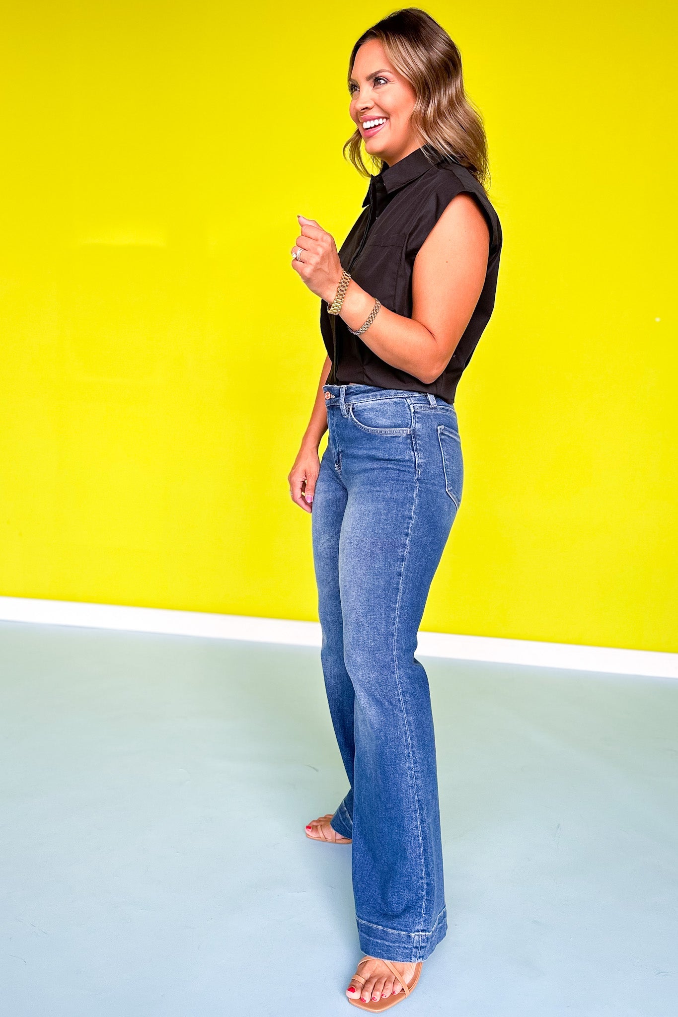 Lovervet By Vervet High Rise Trouser Hem Relaxed Flare Jeans