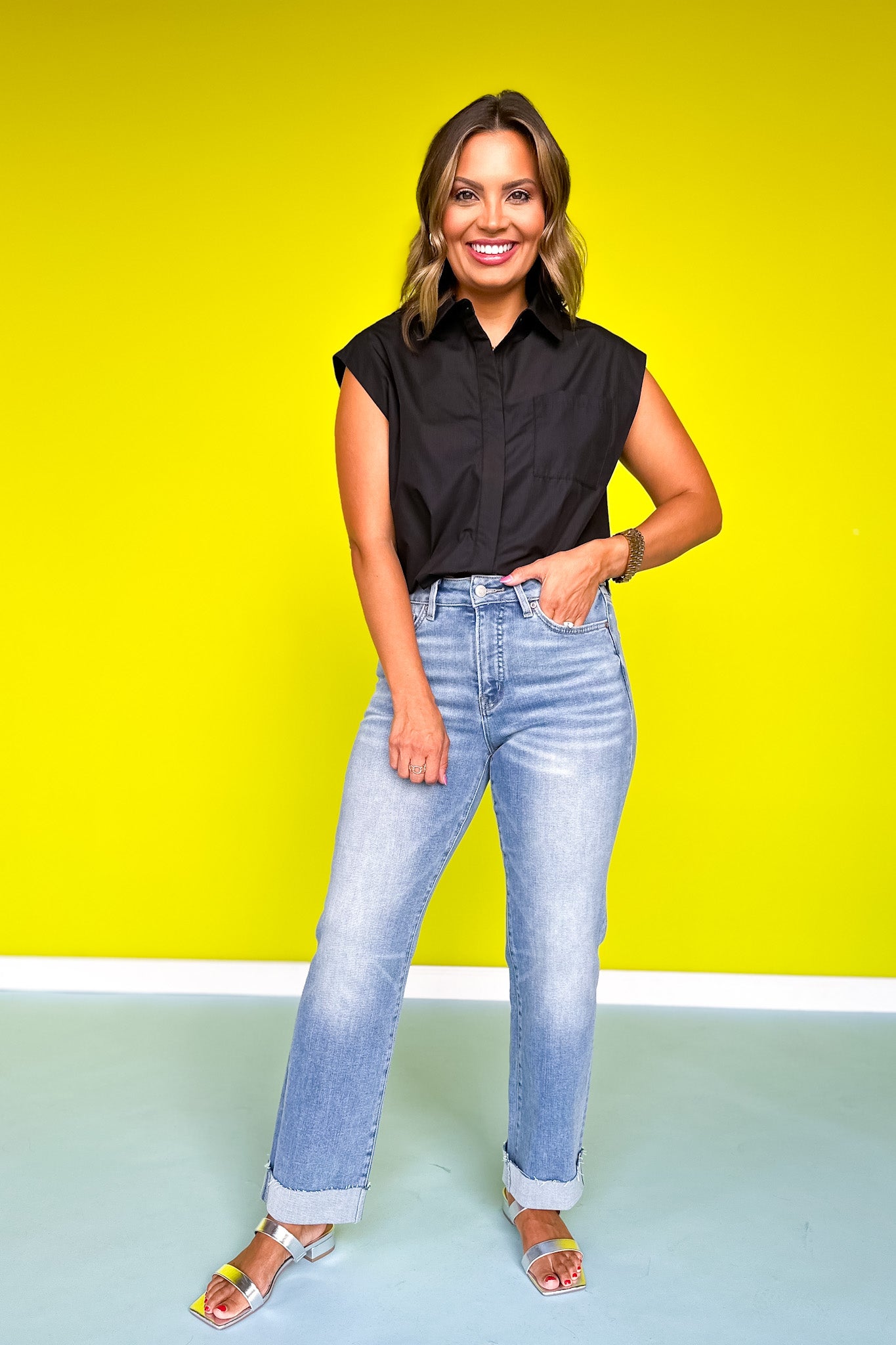 Mica High Rise Straight Leg Cuffed Hem Jeans