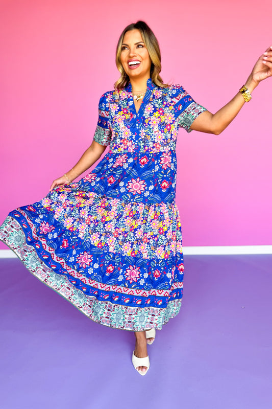 Cobalt Mixed Print Ruffle Neck Tiered Midi Dress