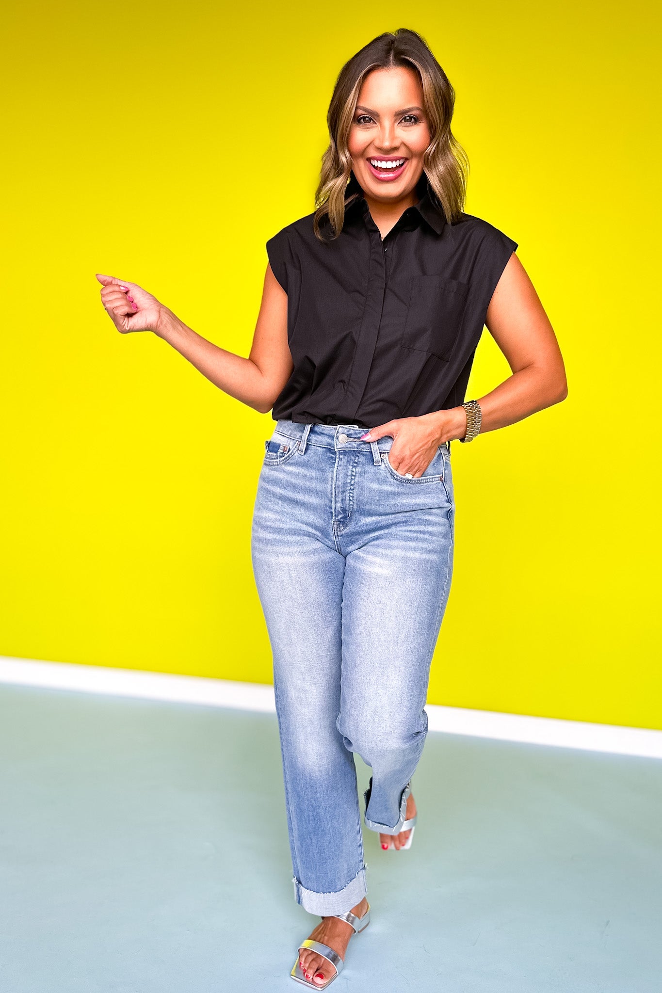 Mica High Rise Straight Leg Cuffed Hem Jeans