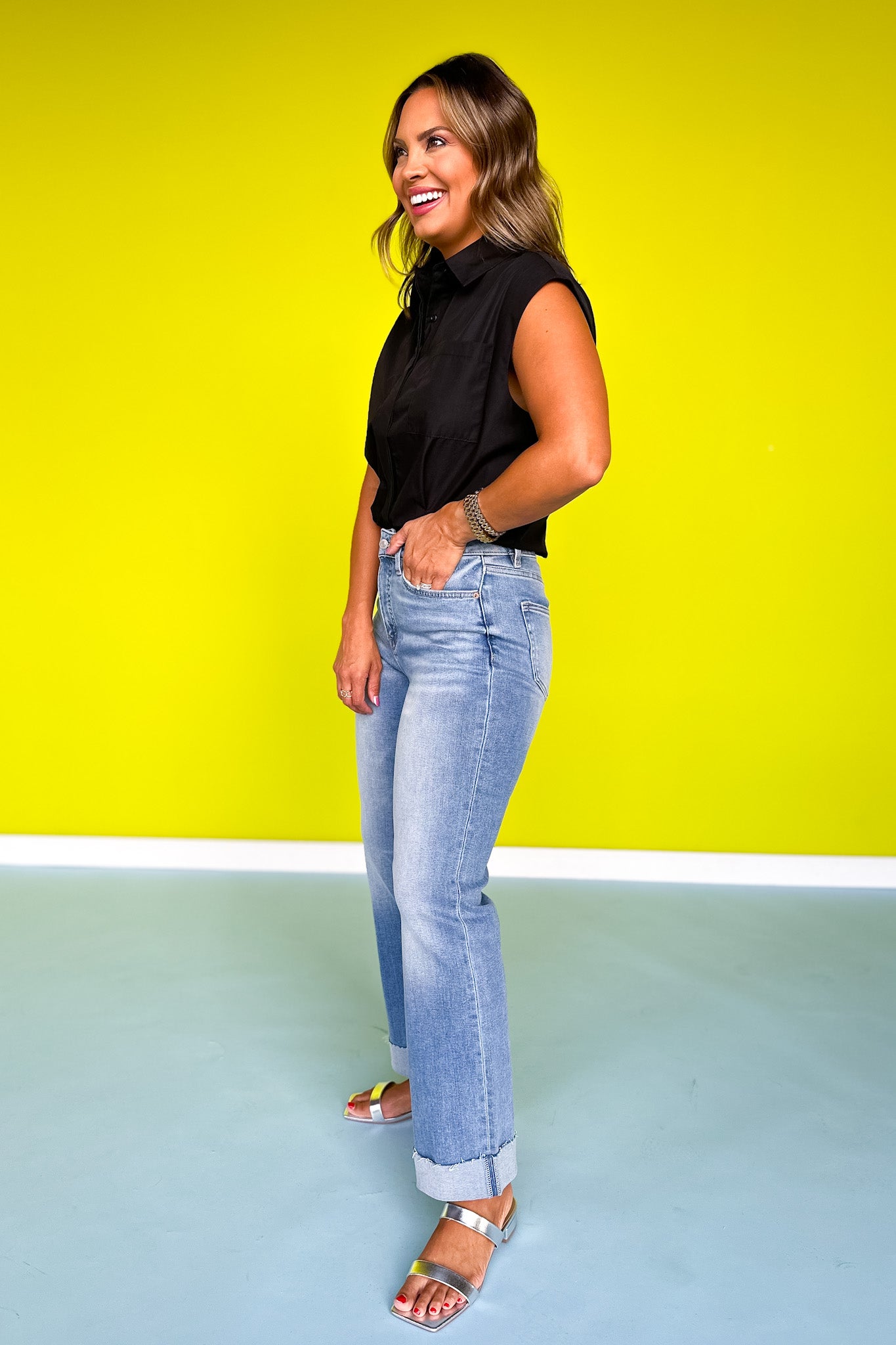 Mica High Rise Straight Leg Cuffed Hem Jeans