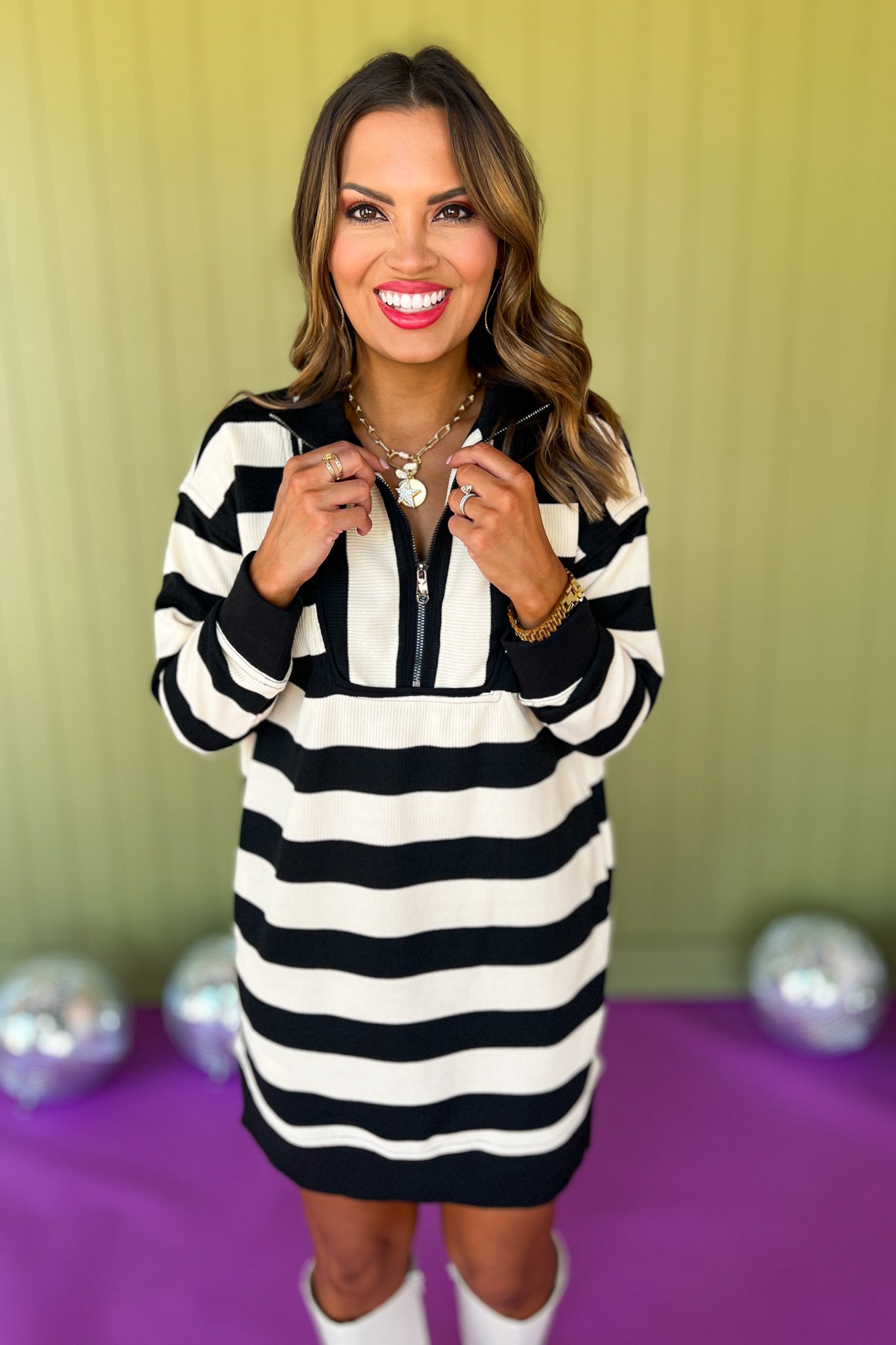 Black Stripe Ribbed Half Zip Split Hem Dress, fall new arrivals, above the knee dress, chic update, easy to wear dress, fun in stripes, mom style, shop style your senses by mallory fitzsimmons.