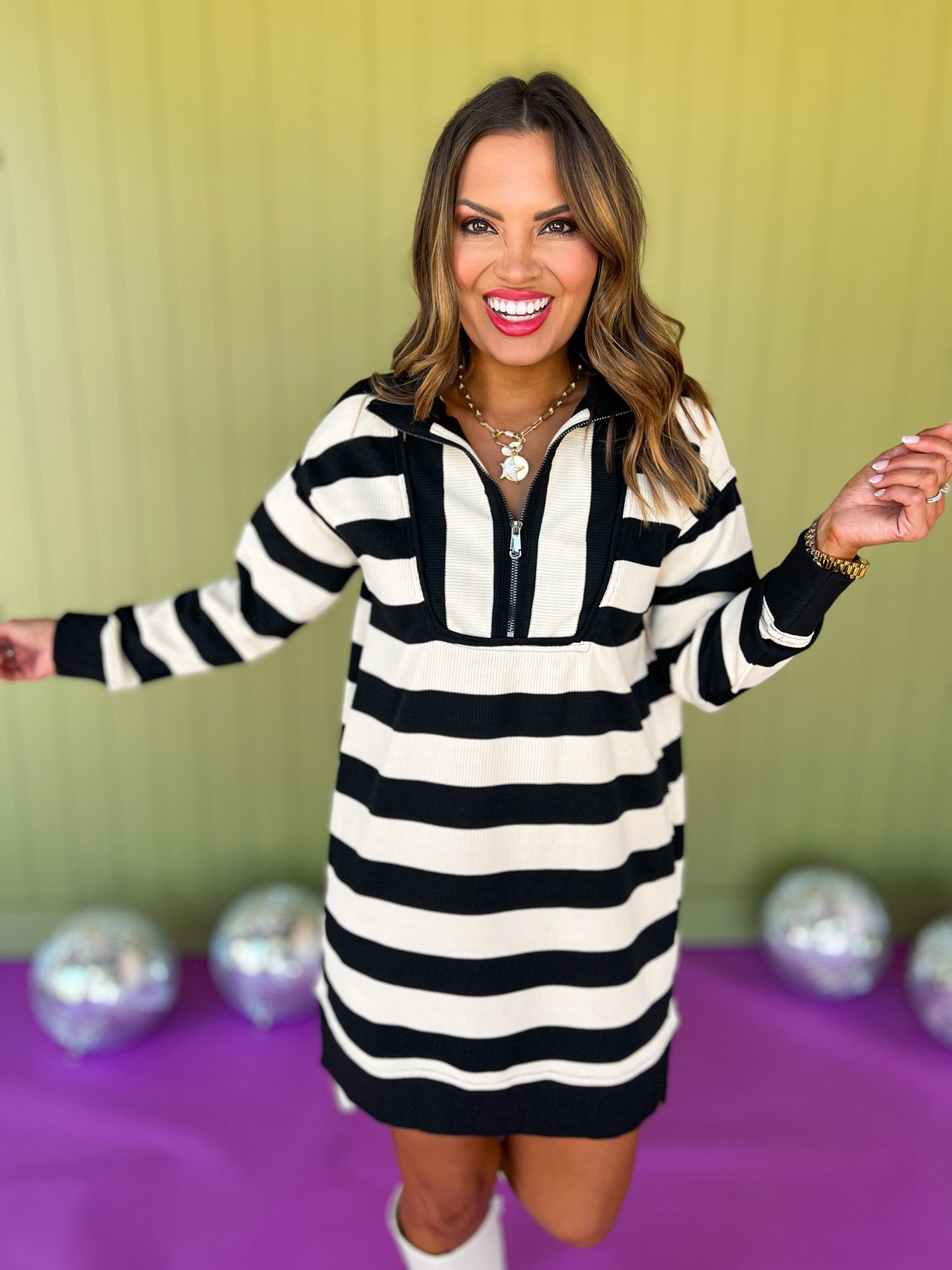 Black Stripe Ribbed Half Zip Split Hem Dress, fall new arrivals, above the knee dress, chic update, easy to wear dress, fun in stripes, mom style, shop style your senses by mallory fitzsimmons.