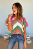Green Multi Colorblock Round Neck Short Puff Sleeve Top, fall new arrivals, easy to wear, printed tops, from the office to girls night, pair with denim, mom style, shop style your senses by mallory fitzsimmons.