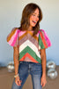 Green Multi Colorblock Round Neck Short Puff Sleeve Top, fall new arrivals, easy to wear, printed tops, from the office to girls night, pair with denim, mom style, shop style your senses by mallory fitzsimmons.