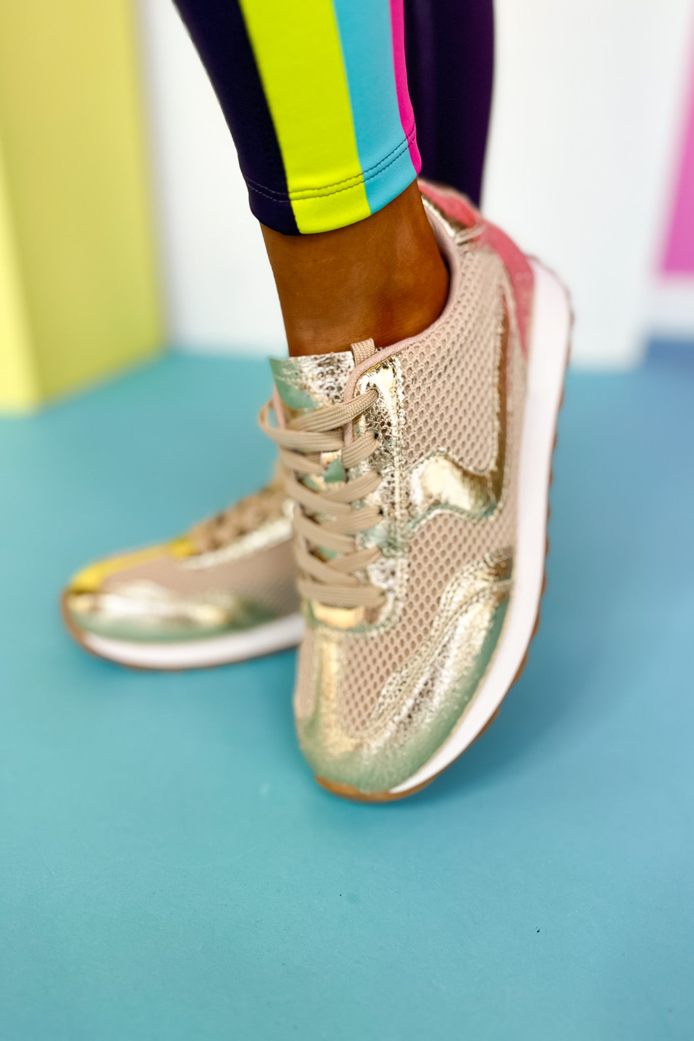 Gold Metallic Trim Mesh Detail Sneakers