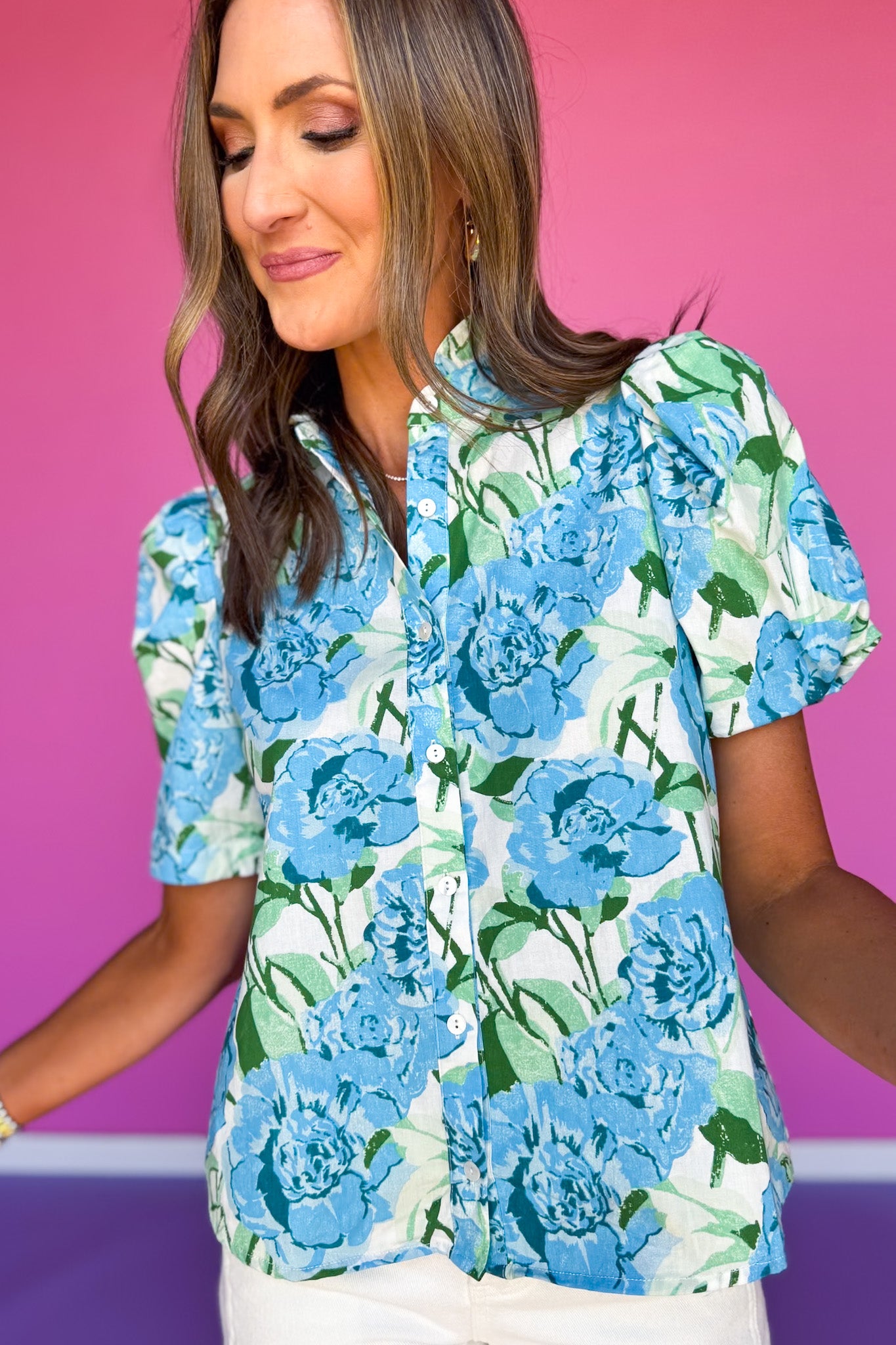 Blue Floral Print Frill Neck Short Puff Sleeve Top