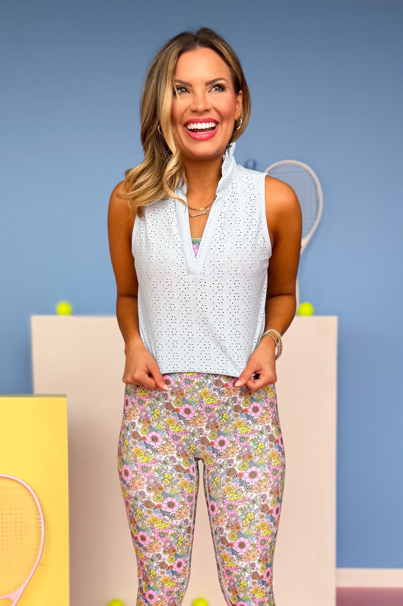 SSYS Light Blue Eyelet Sleeveless Frill V Neck Active Top