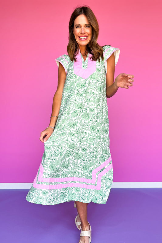 Green Pink Floral Contrast Collar Midi Dress