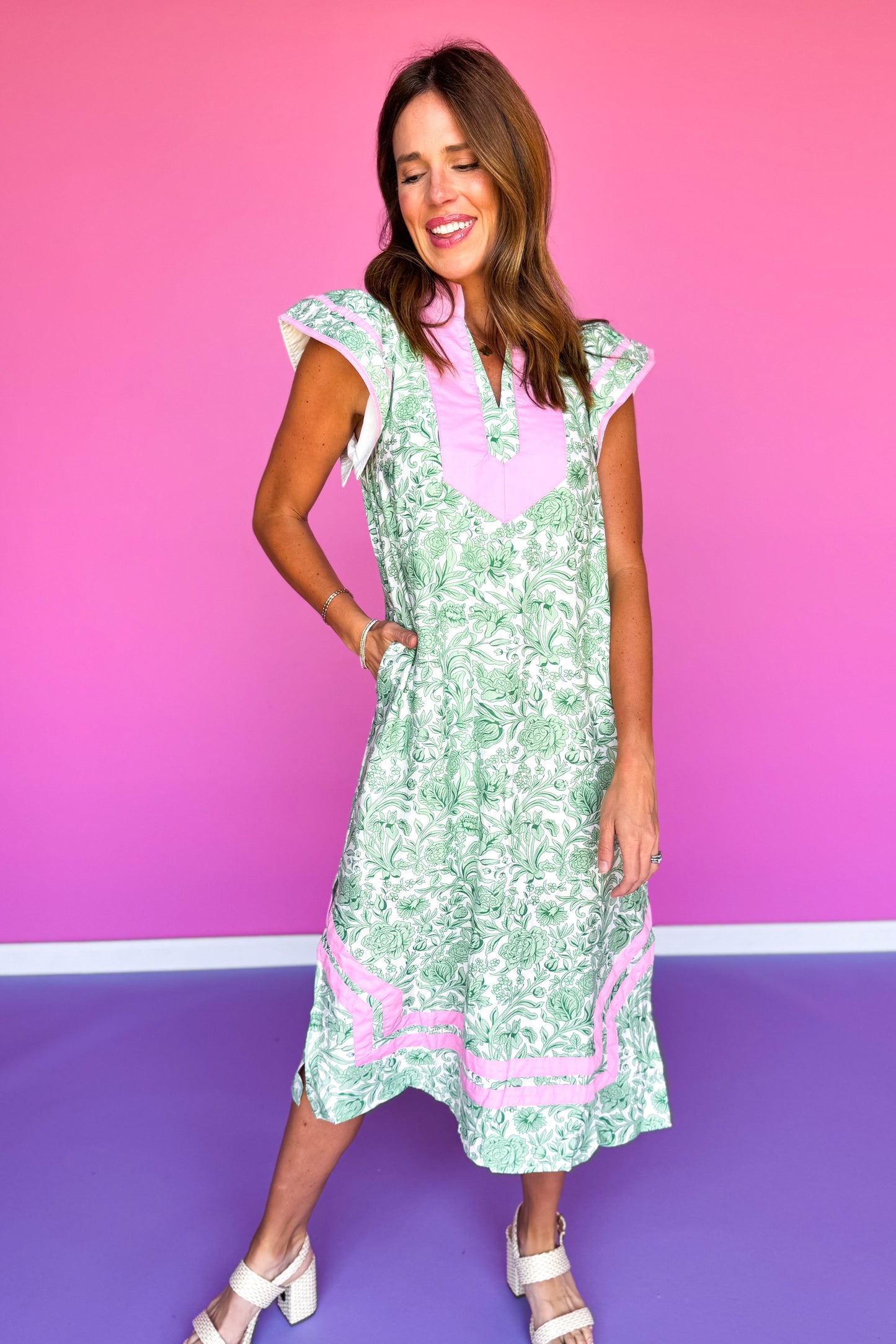 Green Pink Floral Contrast Collar Midi Dress