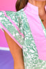 Green Pink Floral Contrast Collar Midi Dress