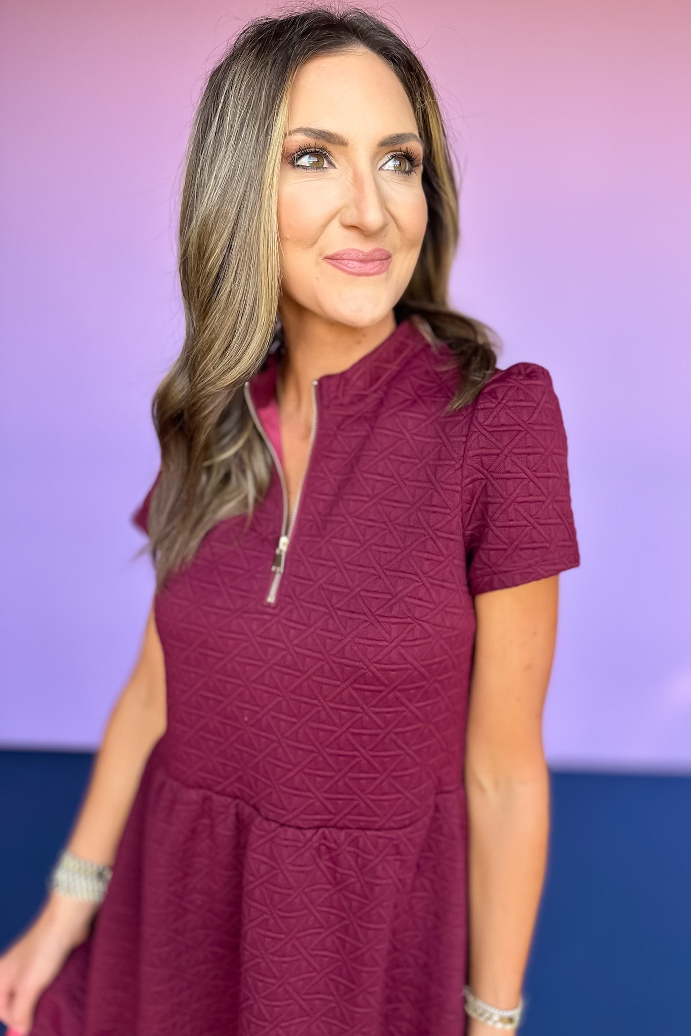 SSYS Lainey Lattice Everyday Puff Sleeve Drop Waist Dress In Maroon