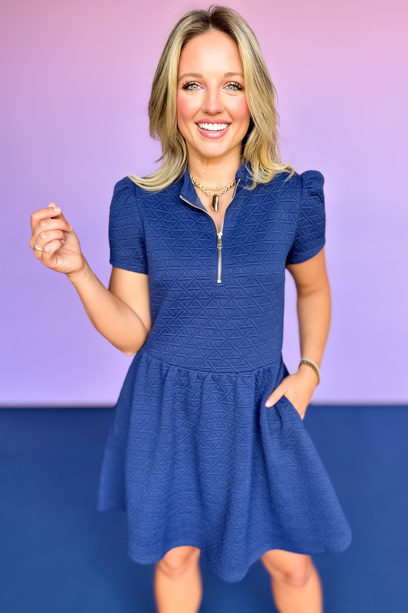 SSYS Lainey Lattice Everyday Puff Sleeve Drop Waist Dress In Navy