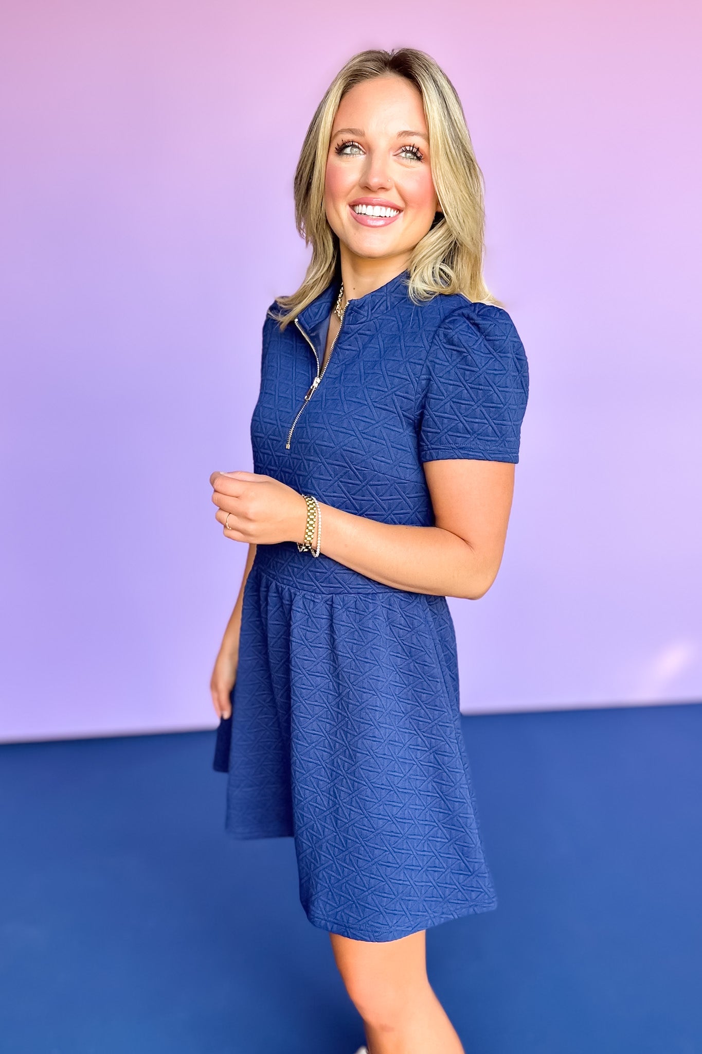 SSYS Lainey Lattice Everyday Puff Sleeve Drop Waist Dress In Navy