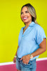 Blue Linen Collar V Neck Short Sleeve Top *FINAL SALE*