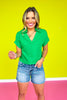 Green Linen Collar V Neck Short Sleeve Top *FINAL SALE*