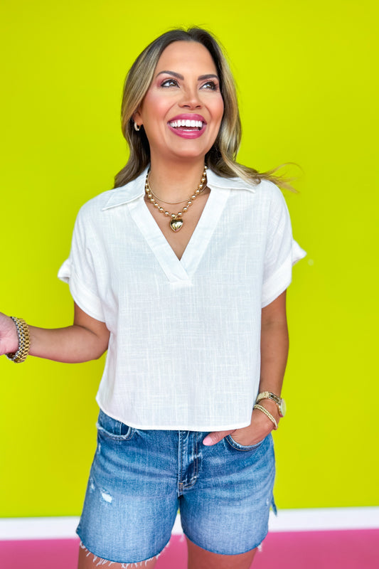 White Linen Collar V Neck Short Sleeve Top *FINAL SALE*