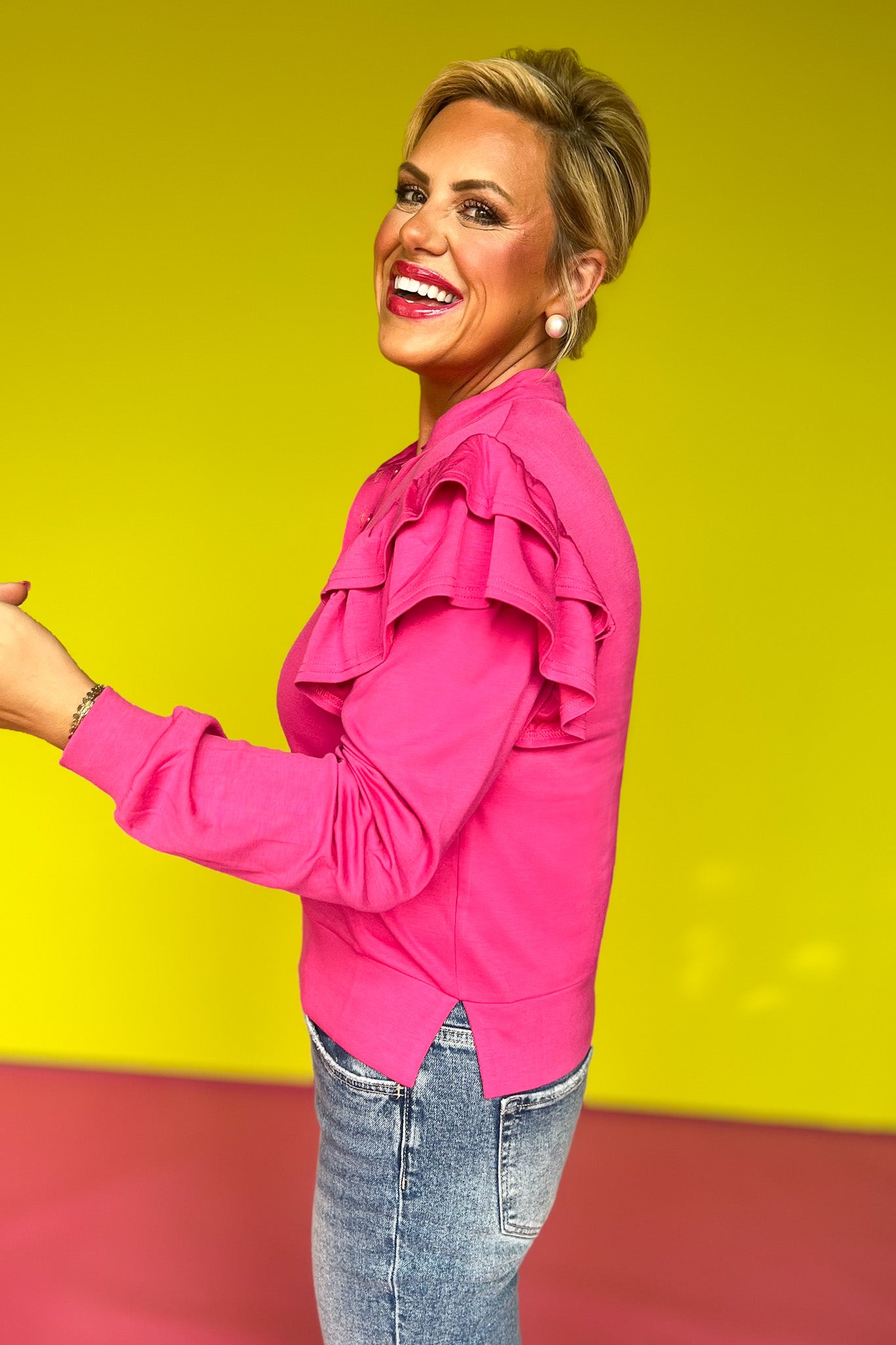 SSYS The Libby Ruffle Shoulder Button Long Sleeve Top In Pink *FINAL SALE*