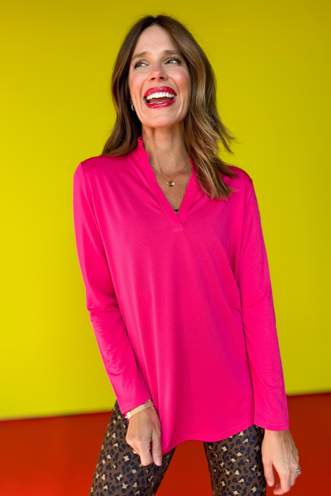 SSYS Hot Pink Honeycomb Long Sleeve Frill V Neck Active Top *FINAL SALE*