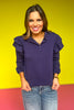 SSYS The Libby Ruffle Shoulder Button Long Sleeve Top In Navy *FINAL SALE*